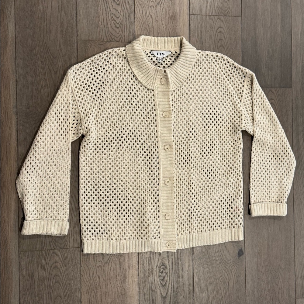 LTS Open Knit Button Up Cardigan Collar Cream Color Size M Or L Boho Crochet